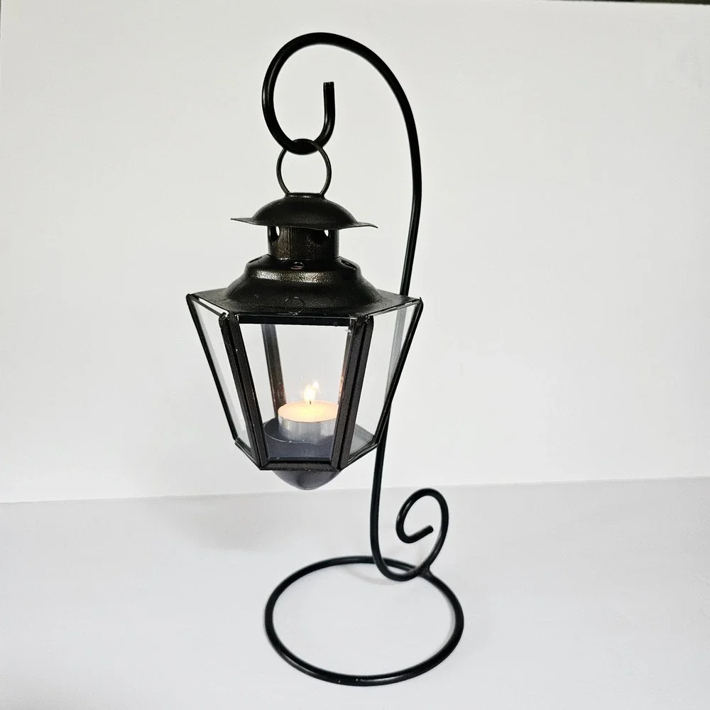 Vintage Indian Hanging Glass Lantern Black Metal Stand Gothic Witchy Home Decor